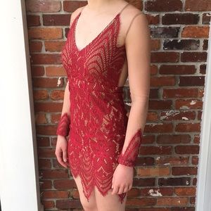 Red detailed lace mini dress